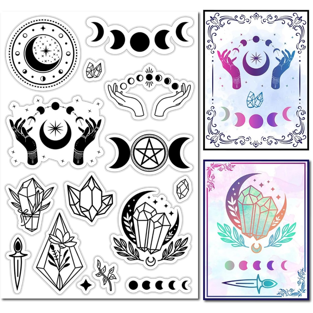 Clear Silicone Stamps For Card Making - 透明なシリコンシール,月の満ち欠け,クリスタルのゴム印,魔法の手,星,ジャーナリングカード作成キット