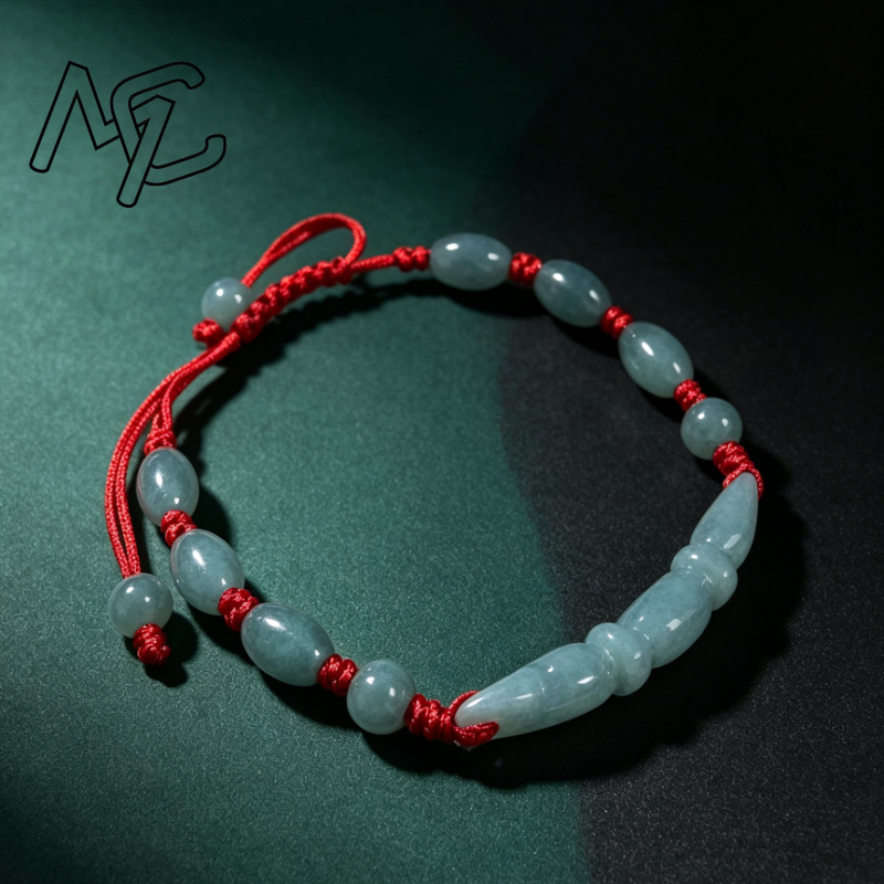 Beading - 天然のブルー色の翡翠、ビルマ産エメラルド、蓮根結びのビーズを使用したDIYブレスレット。丸い手編みのジュエリーで、ファッションアイテムとしても、女性の幸運を願うお守りとしても最適。