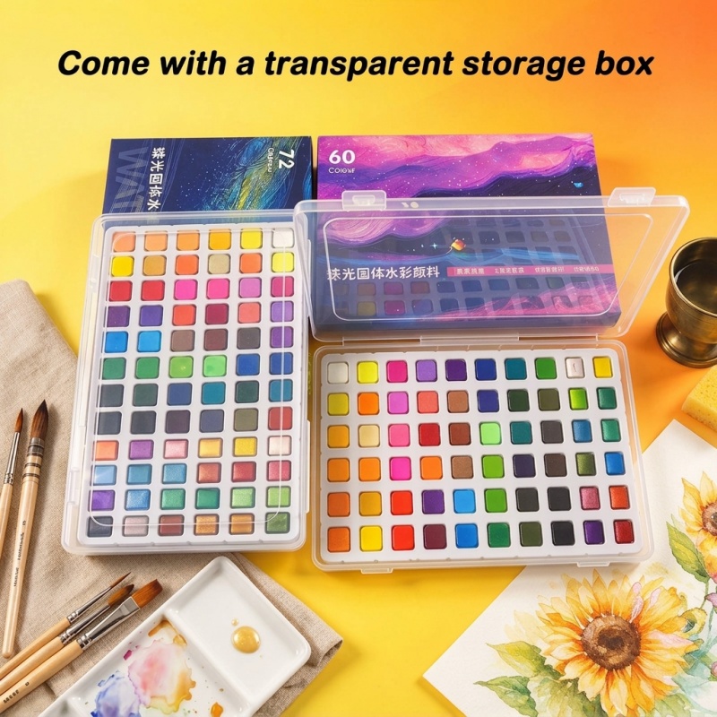 固形水彩絵の具と真珠光沢水彩絵の具のセット。48色/60色/ - Watercolor Paint Set Solid Pigment のレビューと価格