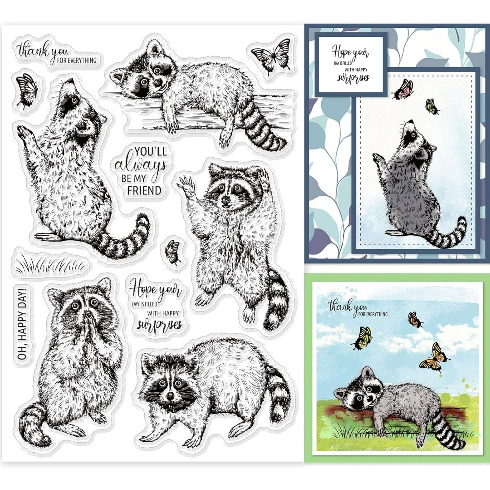 アライグマのリアルなクリアスタンプ、動物、蝶、シリコンクリア - Clear Silicone Stamps For Card Making のレビューと価格