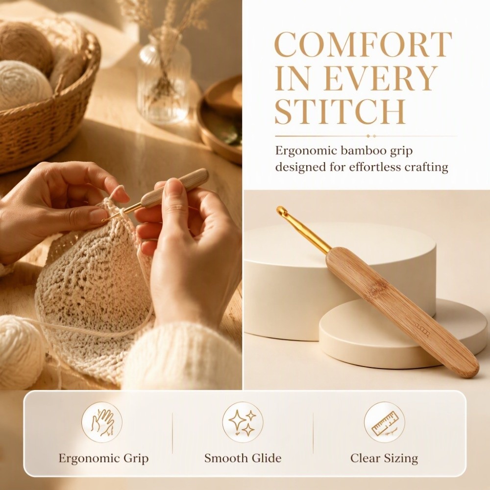8本セット、2.5～6mmのサイズ、金色のヘッド、木製のハン - Wooden Crochet Hooks Ergonomic Handle のレビューと価格