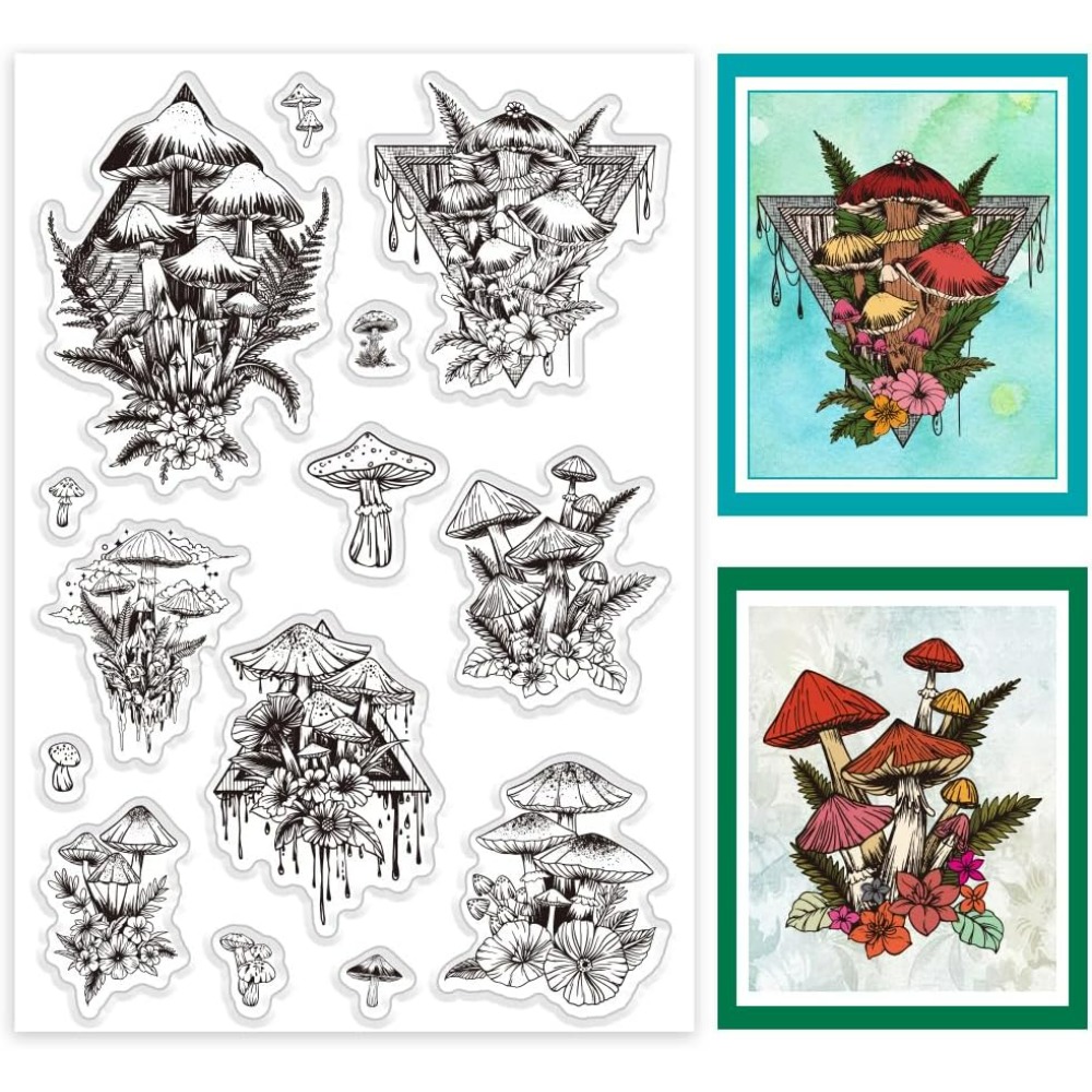 カード作成用の透明なシリコンスタンプ、キノコ、植物、葉、透明 - Clear Silicone Stamps For Card Making のレビューと価格